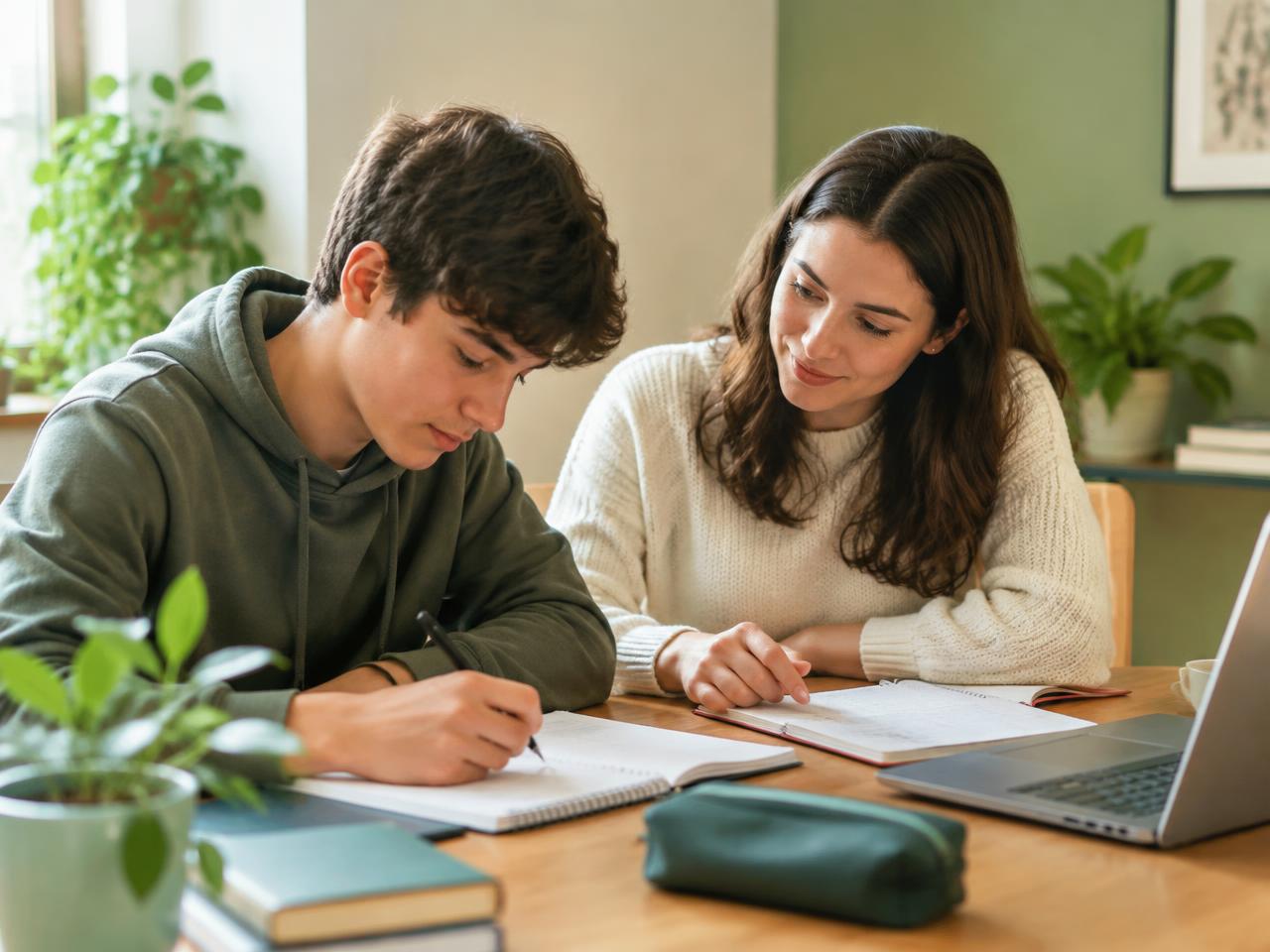 A tutor and a high school student working together at a table with notebooks and a laptop